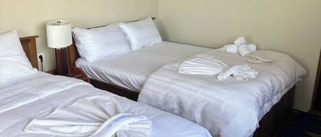 Habitación de hotel con dos camas, cada una con ropa de cama y toallas blancas. Hay cuadros enmarcados en la pared, una lámpara en la mesita de noche y un equipo de aire acondicionado sobre las camas.