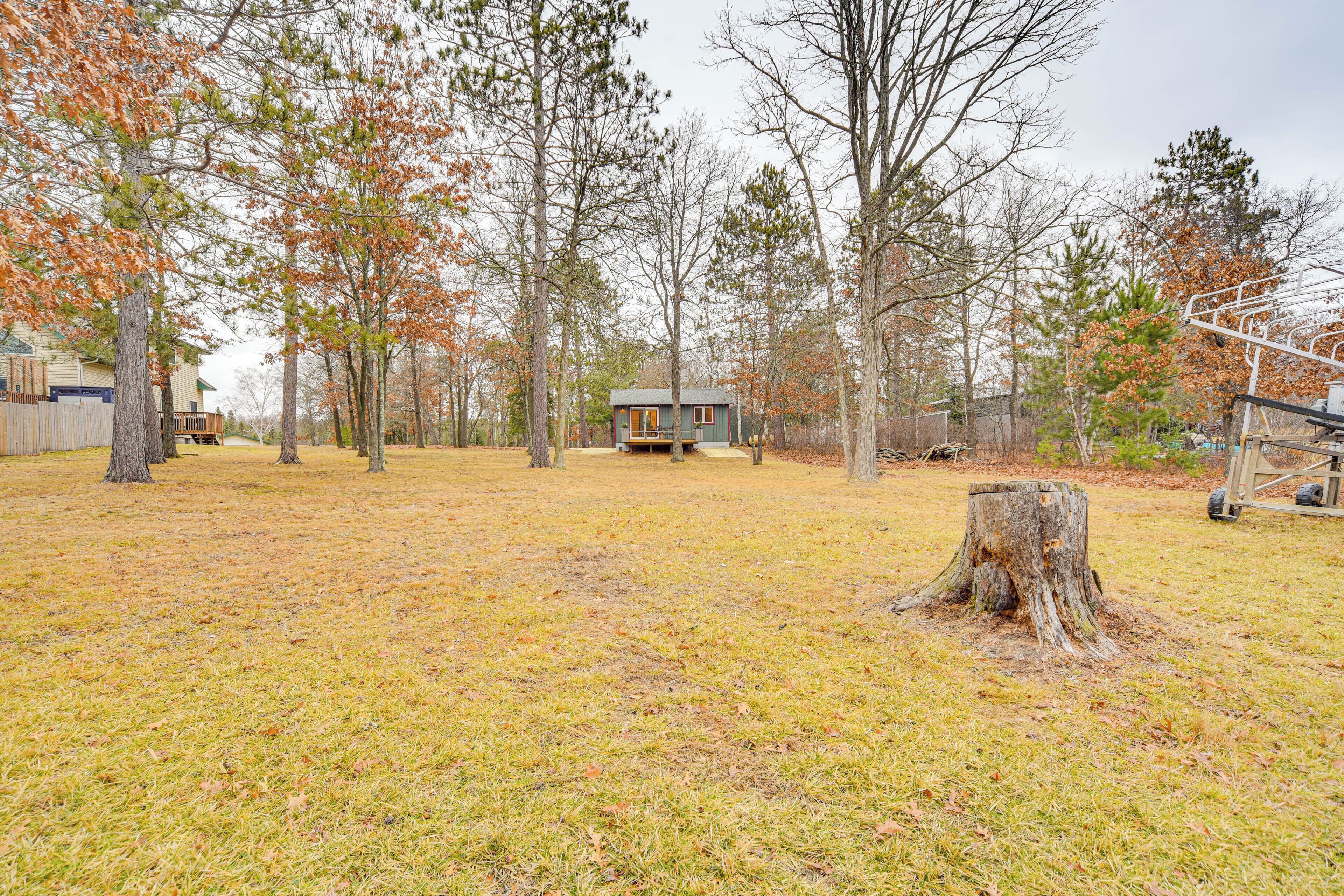 A rustic cabin surrounded by trees in a wooded area.