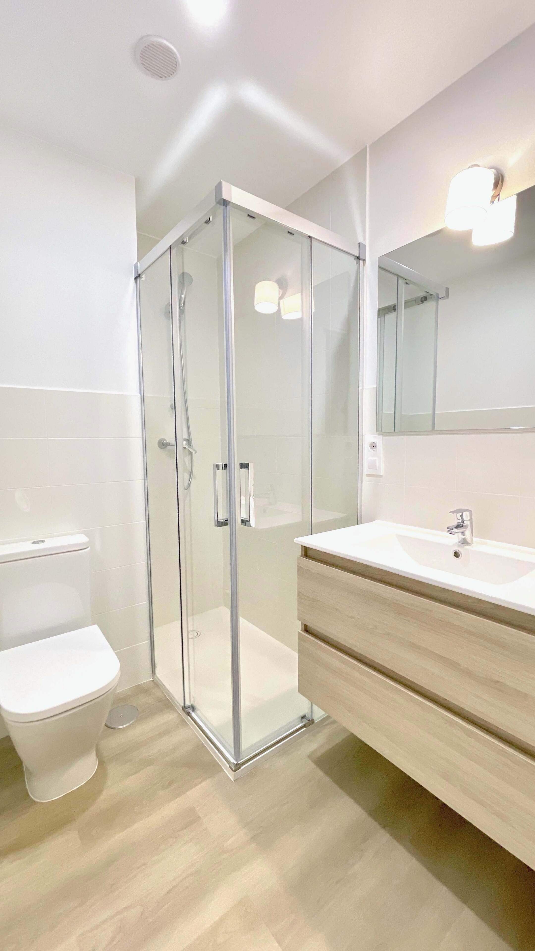 A modern bathroom with a glass-enclosed shower, a white toilet, and a vanity with a mirror.