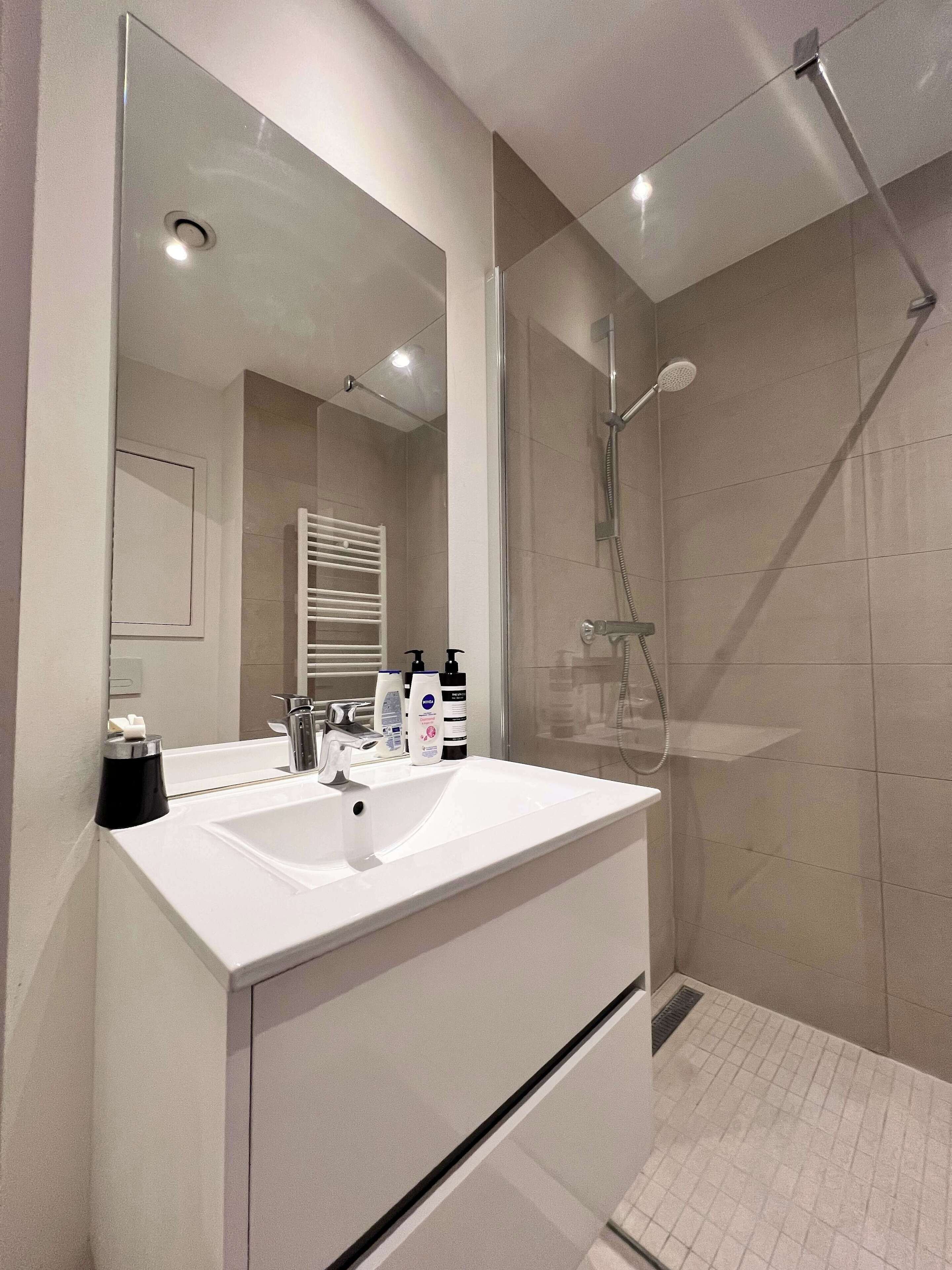 Shower, hair dryer, towels