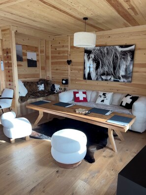 Smart TV, fireplace, books, stereo