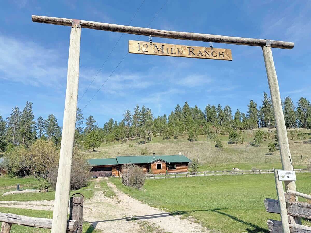 A wooden signpost with "12 Mile Ranch" written on it, a dirt path leading to a wooden cabin with a green roof, surrounded by a grassy field and trees.