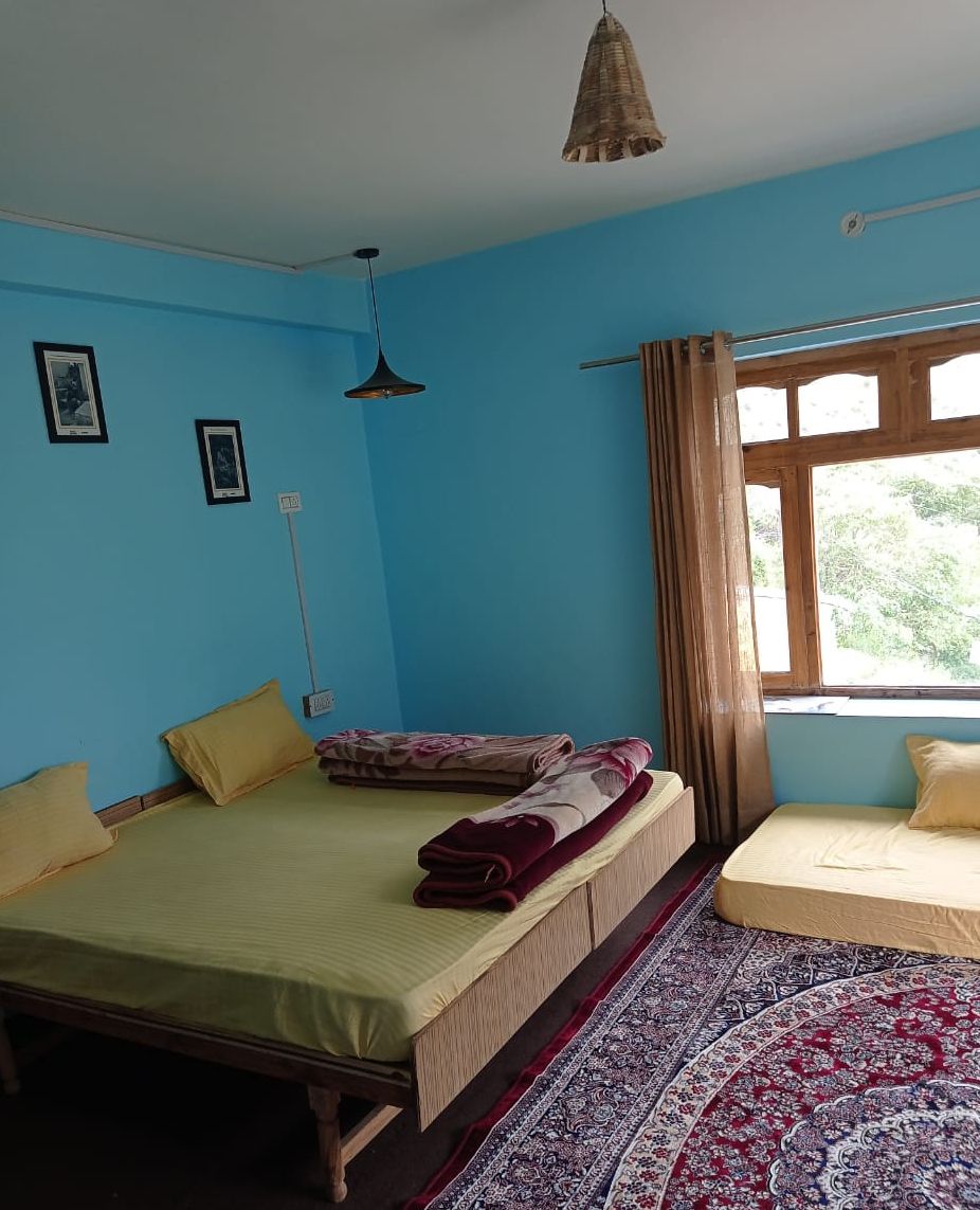 A room with a bed, a window with curtains, a hanging light fixture, and a wall-mounted picture.