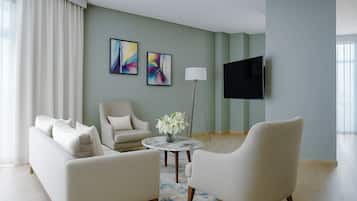 Suíte luxo, 1 cama Queen, vista para a cidade | Área de estar | Lareira