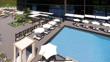 Outdoor pool, open 9:00 AM to 6:00 PM, pool umbrellas, sun loungers