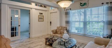 Smart TV, fireplace, books