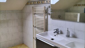 Une salle de bain moderne dotée d’une lucarne, d’un porte-serviettes, d’un lavabo et d’un miroir.