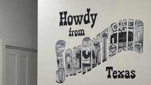 Una pared con un mural que dice 'Howdy from Texas', una puerta blanca y un enchufe eléctrico blanco.