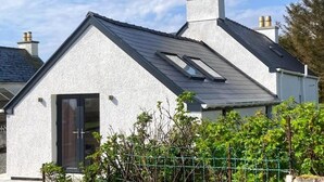 Ein modernes Haus mit geneigtem Dach, einem sichtbaren Schornstein und einem kleinen Fenster.