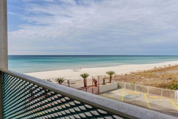 A beach view from a balcony with a clear sky, sandy beach, and some palm trees.
