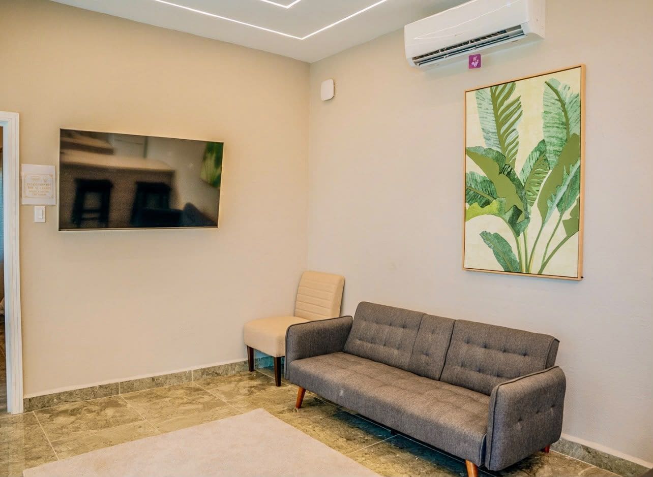 A room with a grey sofa, a beige chair, a large mirror, and a framed plant on the wall.