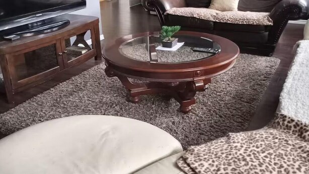 Een woonkamer met een televisie op een standaard, een ronde salontafel met een plant, een leren bank en een witte fauteuil.