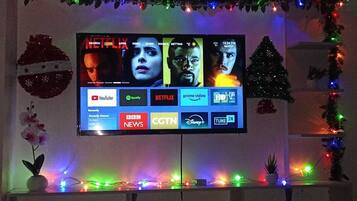 A television displaying various streaming service logos.