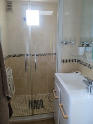 Shower, hair dryer, toilet paper