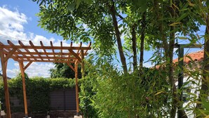 Un jardin agrémenté d’une pergola en bois, d’un chemin en béton et de diverses plantes, notamment des fleurs violettes.