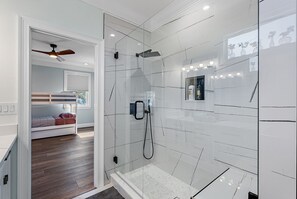 Hair dryer, towels, soap, toilet paper