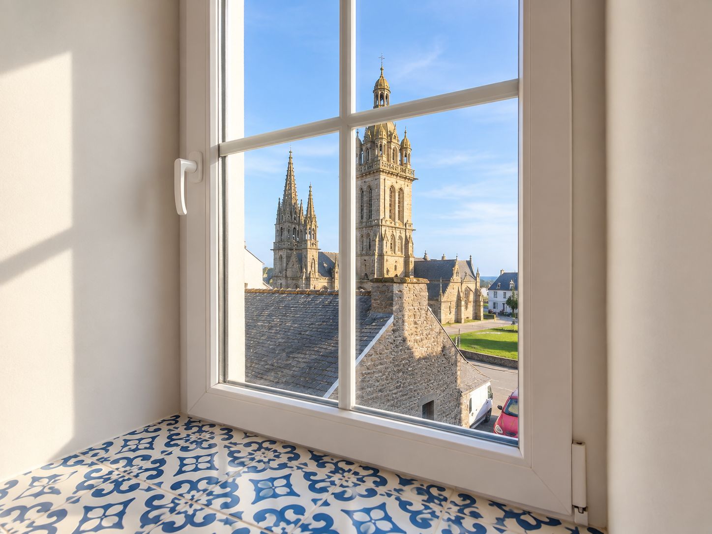 A room with a large window overlooking a historic church with a tall tower.