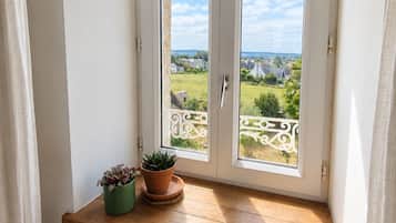 Een kamer met een raam dat uitkijkt op een balkon met uitzicht op groen en gebouwen. Op de vensterbank staan twee potplanten.