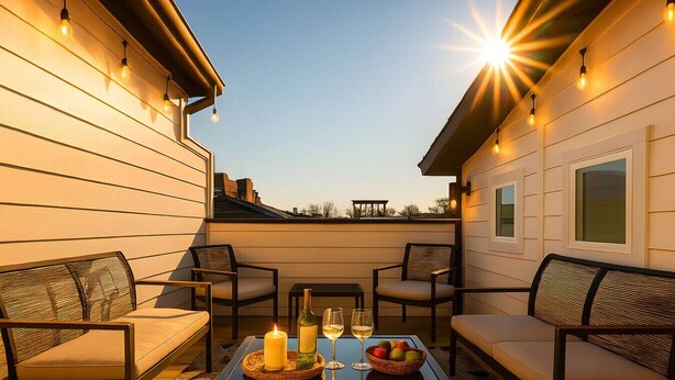 A patio with outdoor seating, a table with drinks and fruit, and string lights.