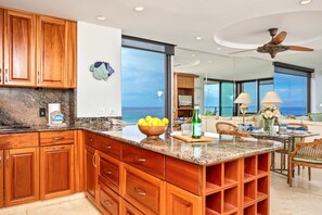 A modern kitchen with wooden cabinets, a granite countertop, and a view of the ocean.