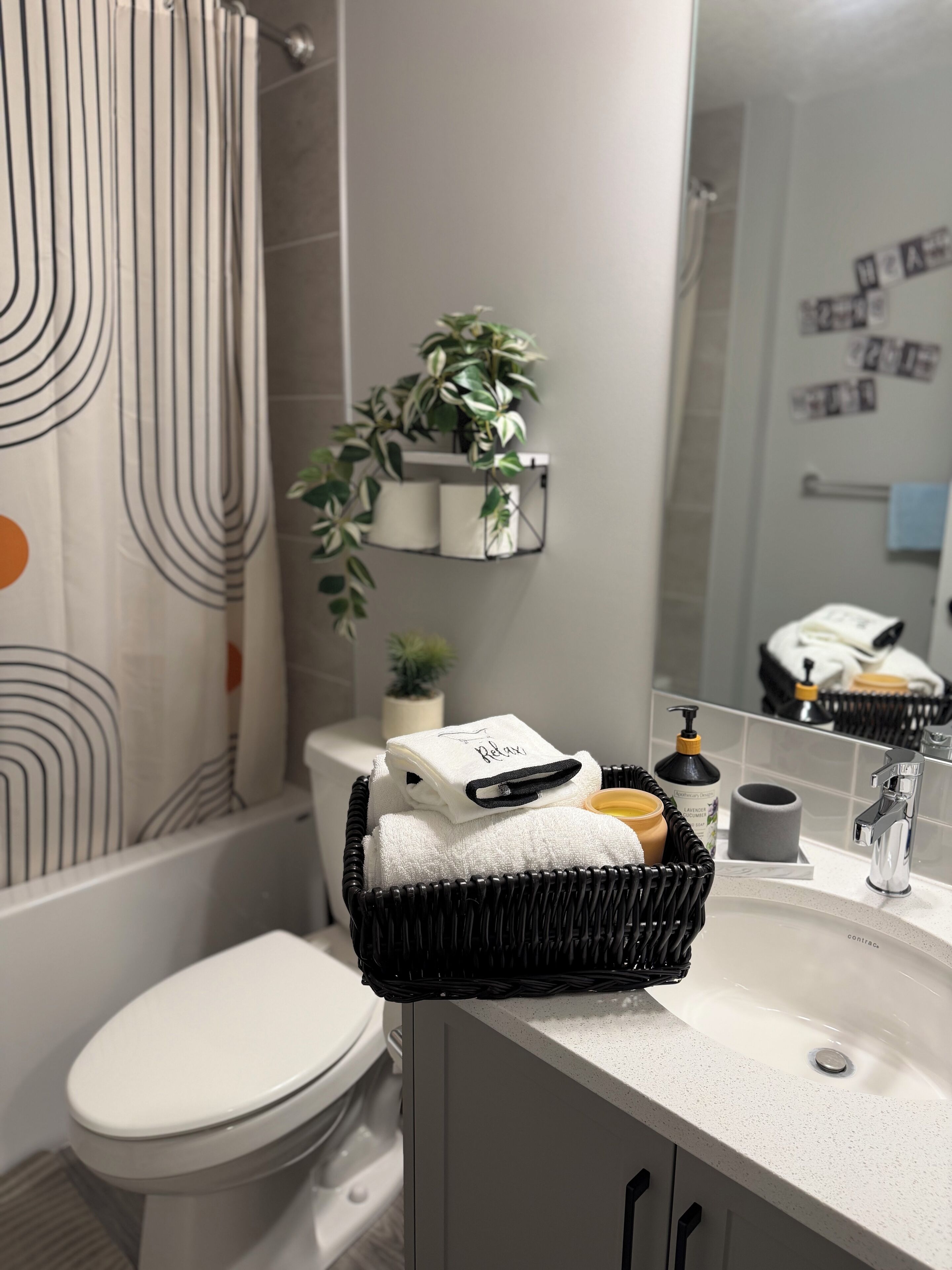 Hair dryer, towels, soap, shampoo