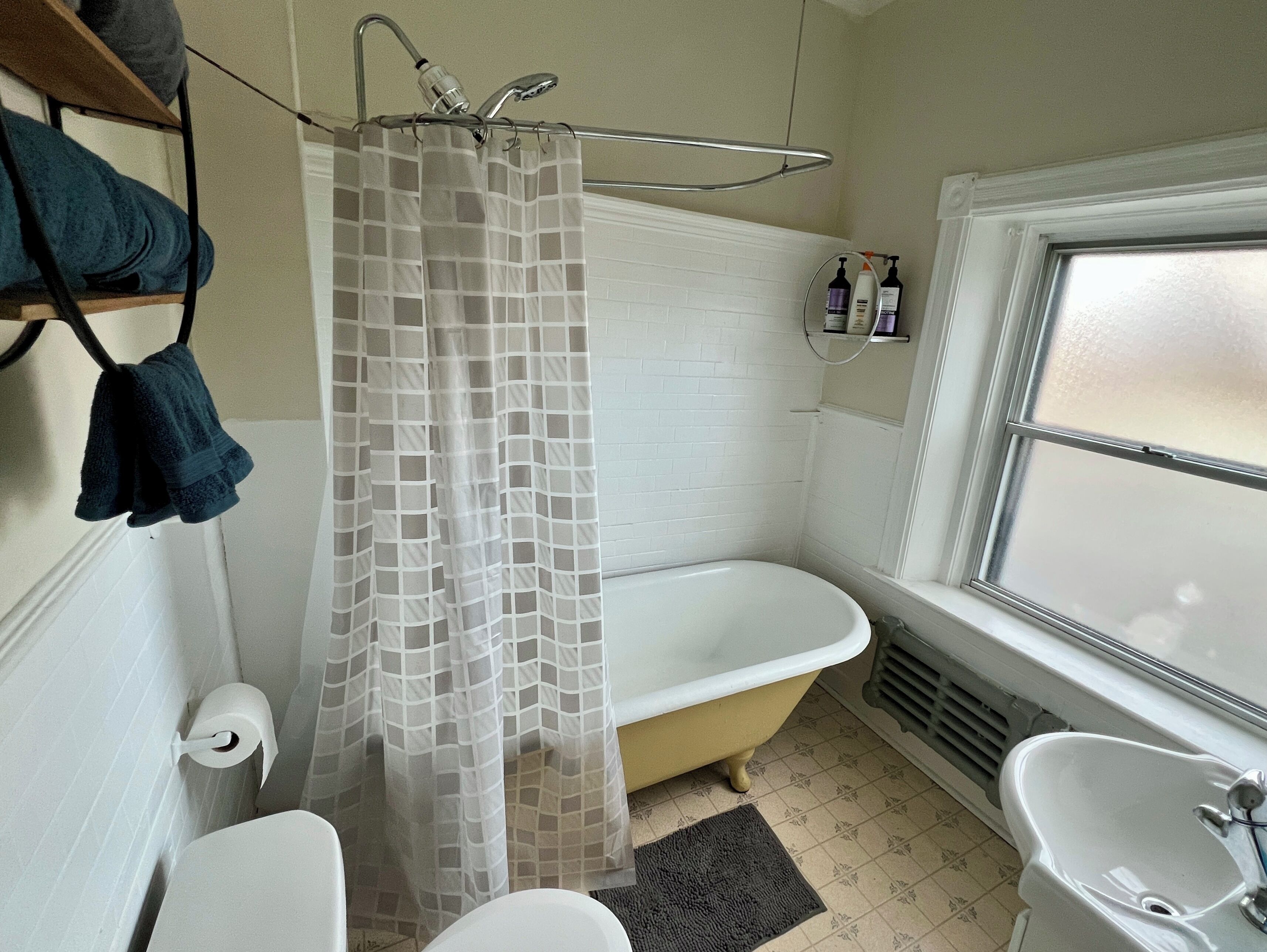 Hair dryer, bidet, towels, soap