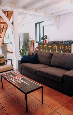 TV connectée, cheminée, livres, chaîne hi-fi