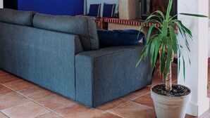 A living room with a blue wall, a brick fireplace, a gray sofa, and a potted plant.