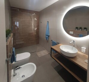 Hair dryer, bidet, soap, toilet paper