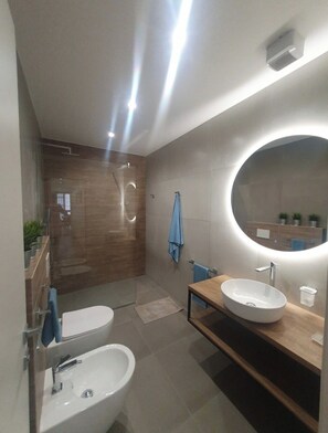 Hair dryer, bidet, soap, toilet paper