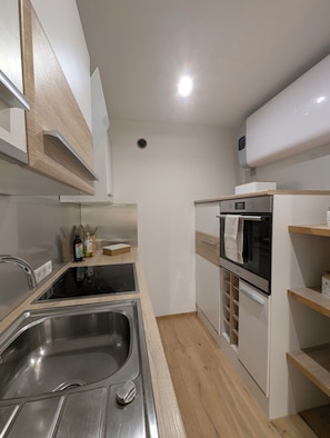 A modern kitchen with a stainless steel sink, an oven, and a built-in microwave. - The Green Loft (Furtwangen im Schwarzwald)