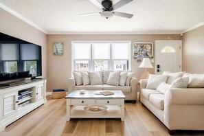 Smart TV, chimenea y libros 