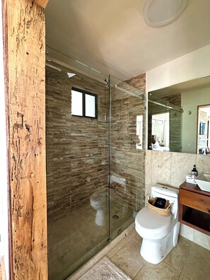 Shower, hair dryer, towels, soap