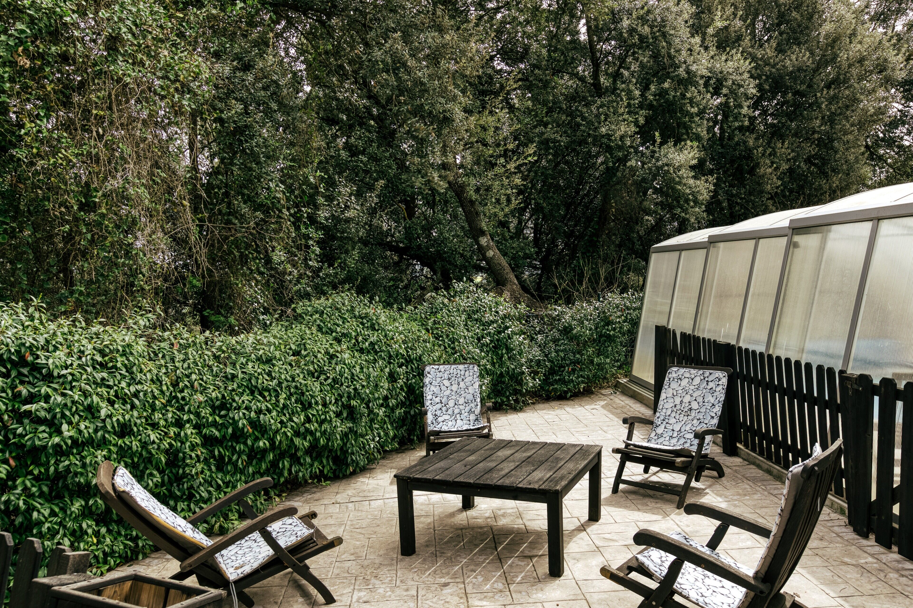 Une terrasse extérieure avec une table et quatre chaises, entourée d’une végétation luxuriante et protégée par une paroi de verre.