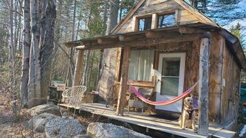 Relax on the porch with a hammock, surrounded by a serene forest setting.