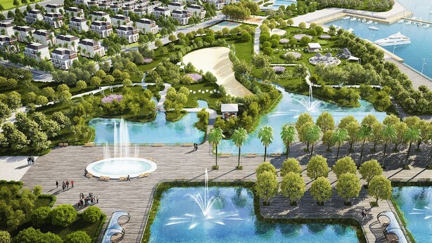 An aerial view of a resort with multiple swimming pools, a marina, and a variety of trees and pathways. - Sunny - Vinhomes GreenBay Residences (Hanoi)