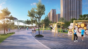 An outdoor park with exercise equipment, walking paths, and tall residential buildings in the background. - Sunny - Vinhomes GreenBay Residences (Hanoi)