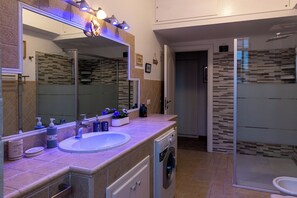 Shower, hair dryer, bidet, towels