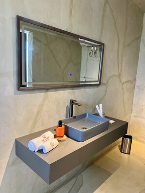 Hair dryer, towels, soap, toilet paper