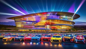 A modern, multi-level stadium with a curved roof, surrounded by a large parking area filled with racing cars.