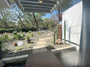 Un patio moderno al aire libre con piso de madera, un pequeño elemento de agua y diversas plantas, incluyendo cactus.