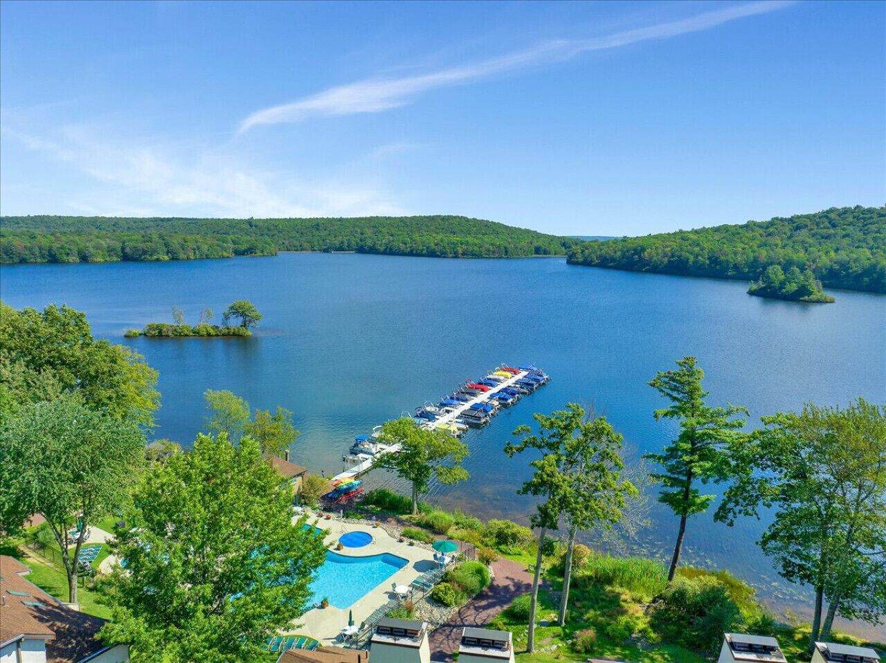 A lakeside resort with a swimming pool, dock with boats, and lush greenery.