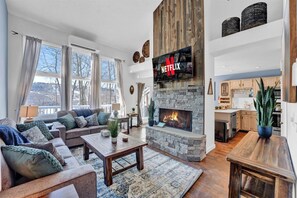 Smart TV, fireplace, video games, DVD player