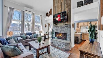 Smart TV, fireplace, video games, DVD player