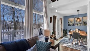 Smart TV, fireplace, video games, DVD player