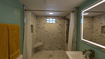 Shower, hair dryer, towels