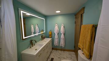 Shower, hair dryer, towels