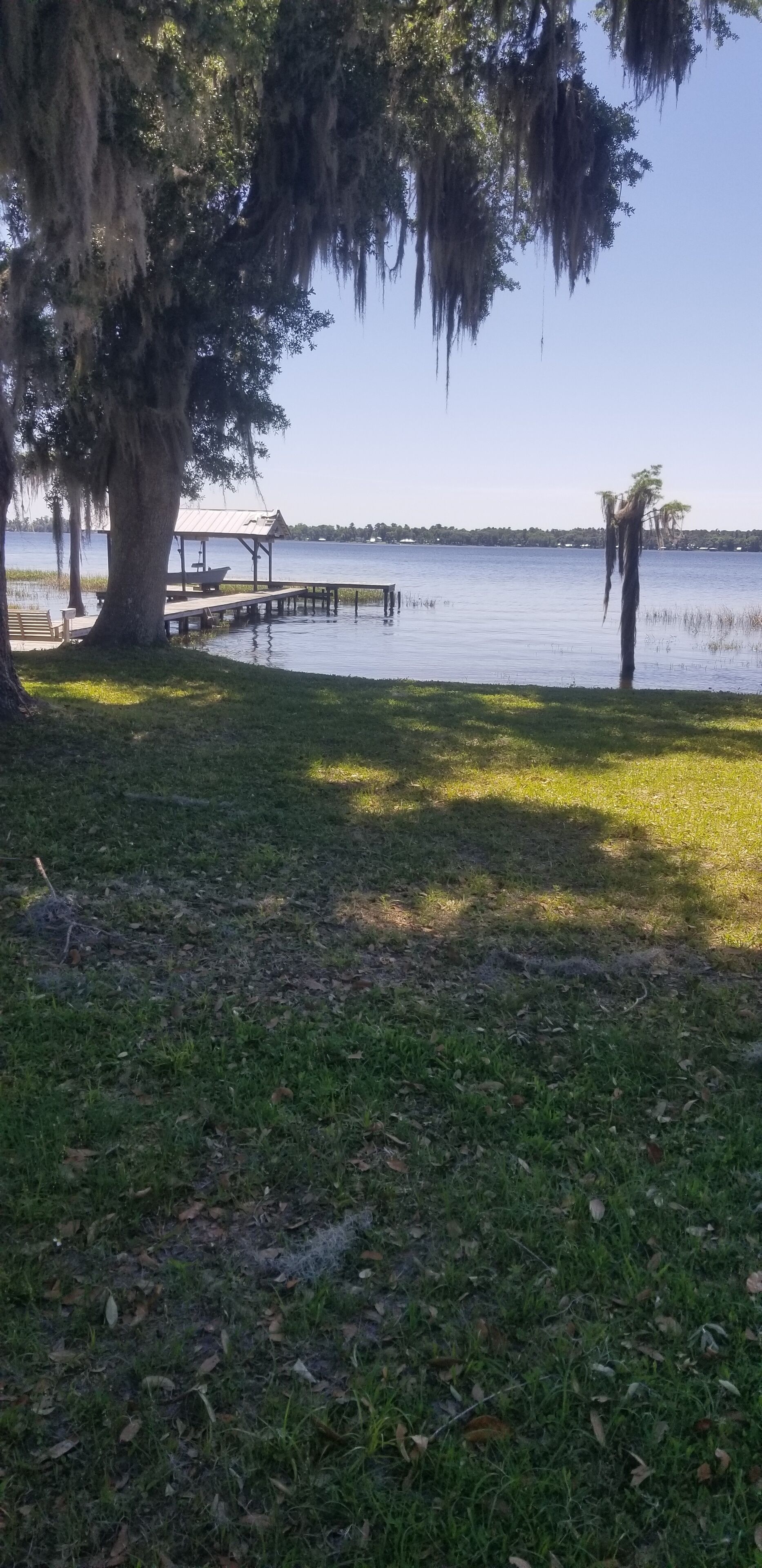 A lakeside view with a dock extending into the water, surrounded by trees and grassy areas.