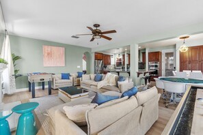 TV, fireplace, table football, ping pong