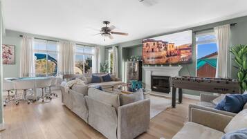 TV, fireplace, foosball, table tennis